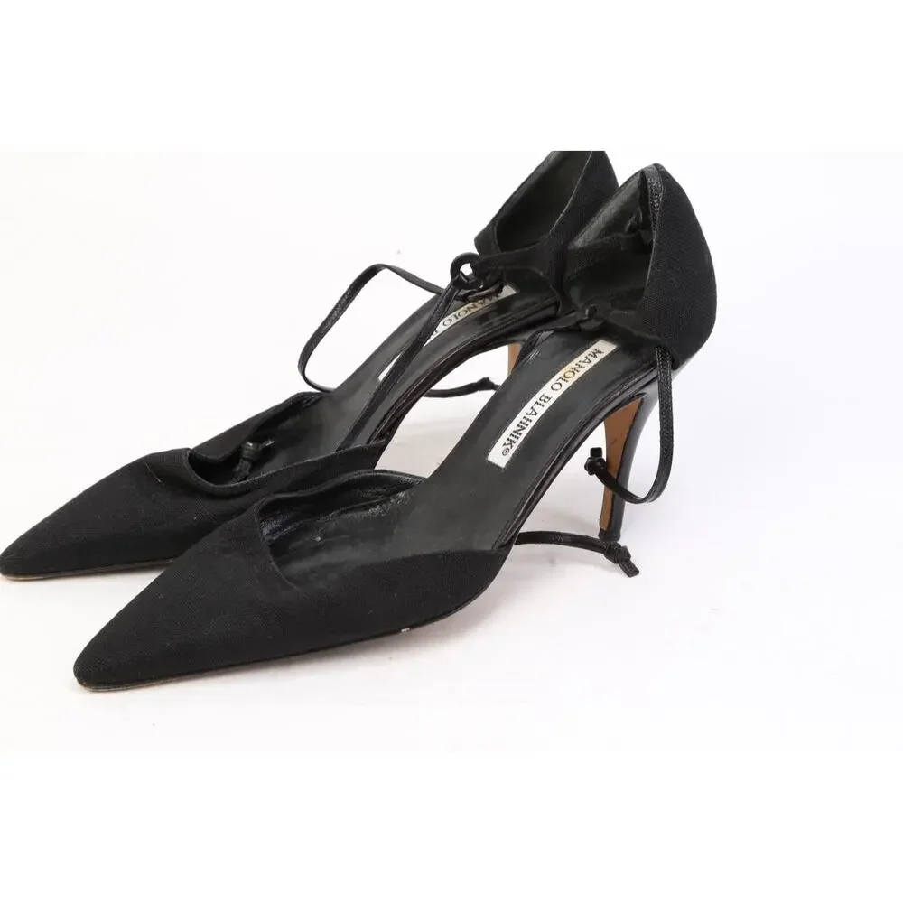 Manolo Blahnik Black Canvas Pointed Toe Cut Out Ankle Strap Pumps Size 35.5